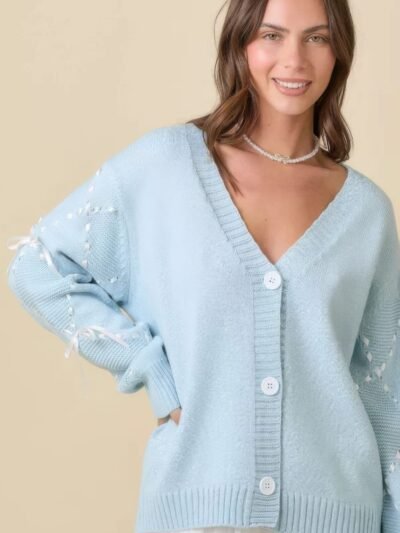 Hand Sewn Satin Ribbon Detail On Sleeve Cardigan Hand Sewn Satin Ribbon Detail On Sleeve Cardigan