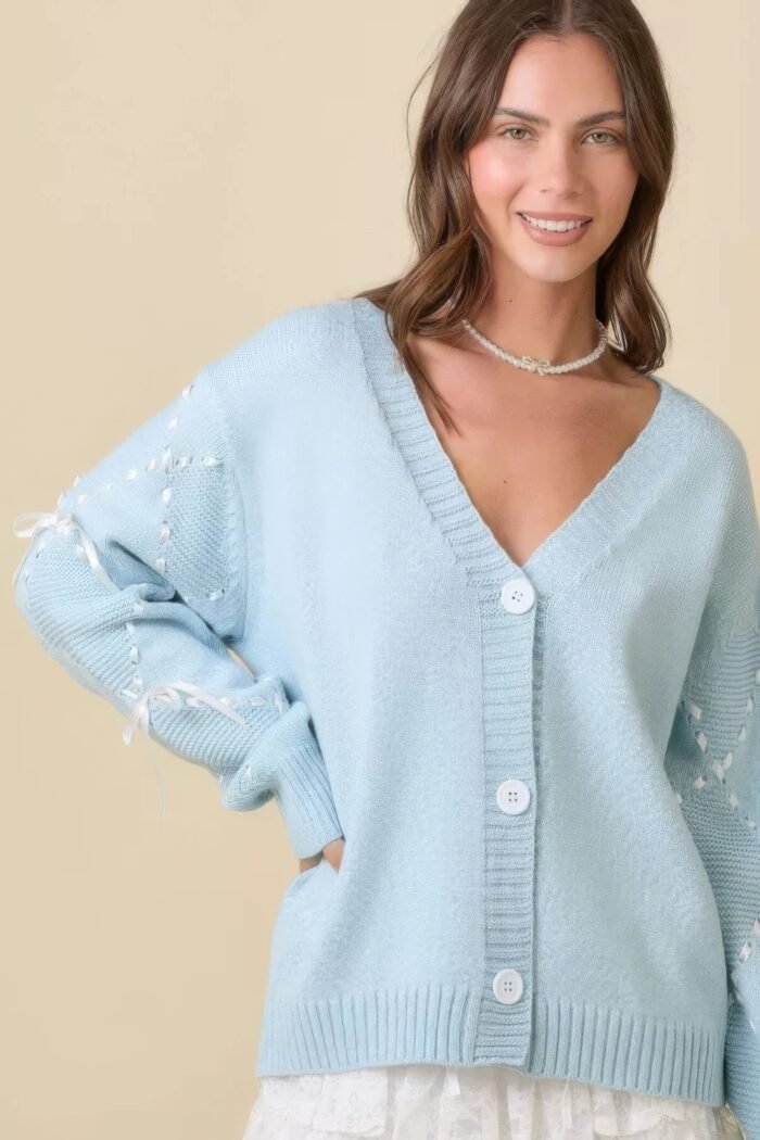 Hand sewn satin ribbon detail on sleeve cardigan