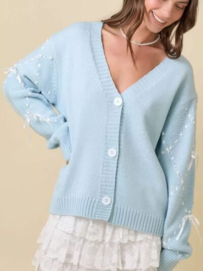 Hand Sewn Satin Ribbon Detail On Sleeve Cardigan Hand Sewn Satin Ribbon Detail On Sleeve Cardigan