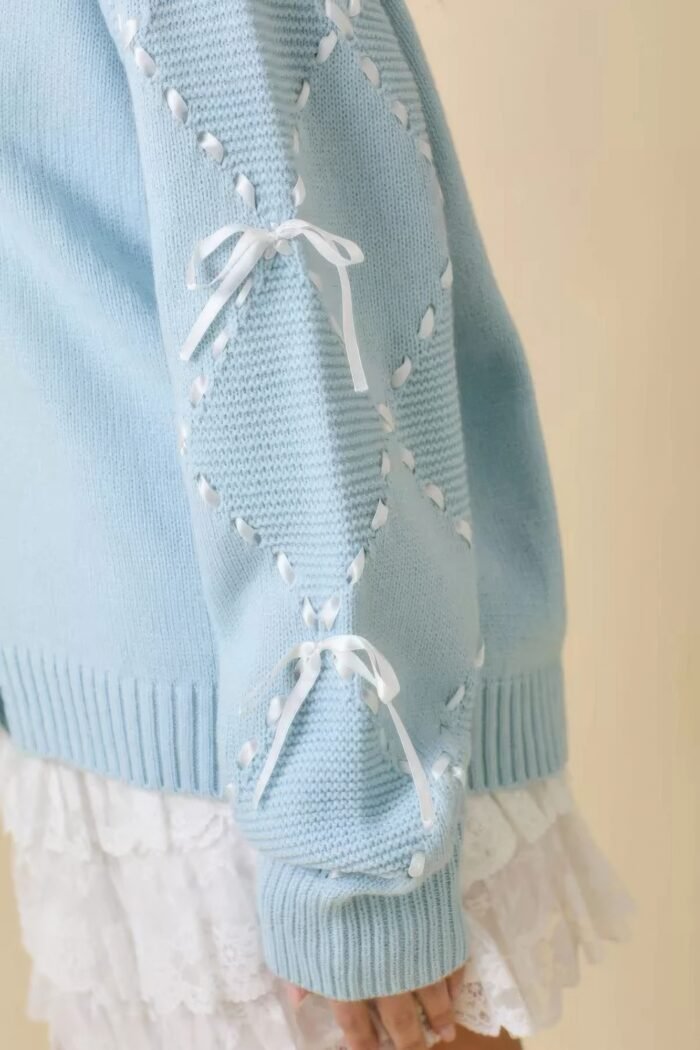 Hand sewn satin ribbon detail on sleeve cardigan