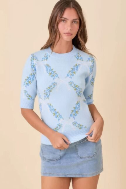 Floral Ribbon Print Sweater Knit Top
