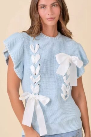 Weaved Ribbon Bow Detail Sweater Knit Top