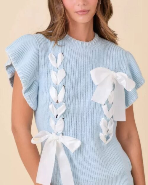 weaved ribbon bow detail sweater knit top