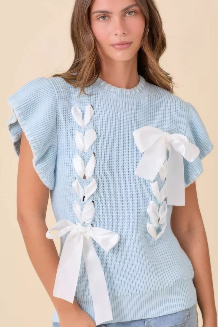 Weaved ribbon bow detail sweater knit top