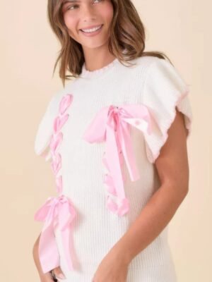 Weaved Ribbon Bow Detail Sweater Knit Top