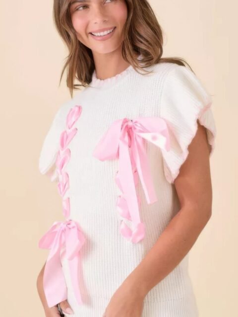 Weaved Ribbon Bow Detail Sweater Knit Top