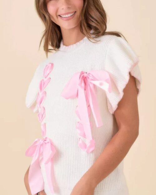 Weaved Ribbon Bow Detail Sweater Knit Top