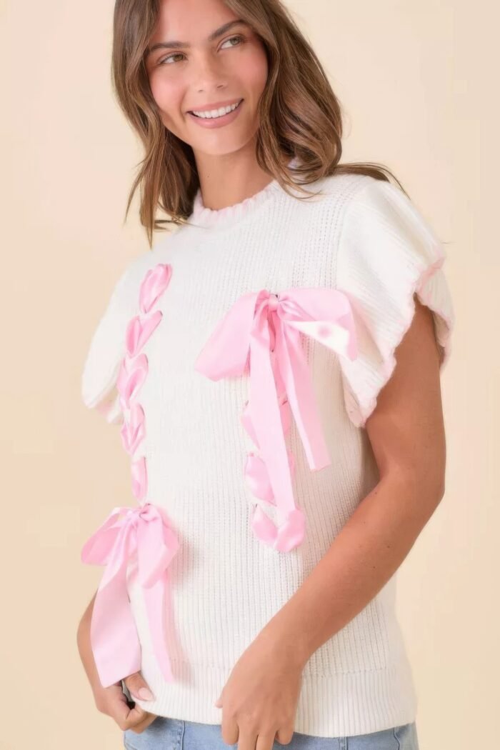Weaved ribbon bow detail sweater knit top