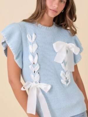 Weaved Ribbon Bow Detail Sweater Knit Top Weaved Ribbon Bow Detail Sweater Knit Top