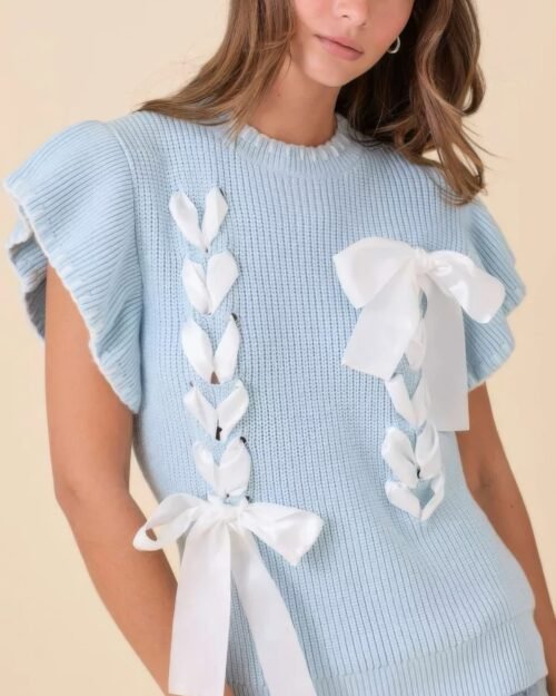 weaved ribbon bow detail sweater knit top