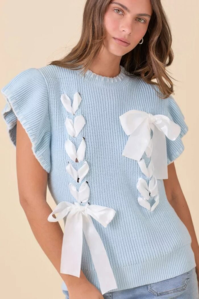 Weaved ribbon bow detail sweater knit top