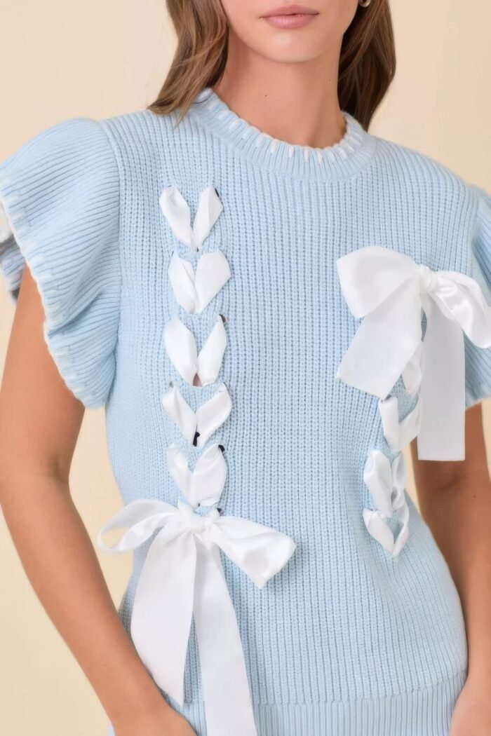 Weaved ribbon bow detail sweater knit top