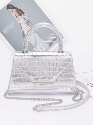Crocodile Embossed Metallic Leather Top Handle Bag