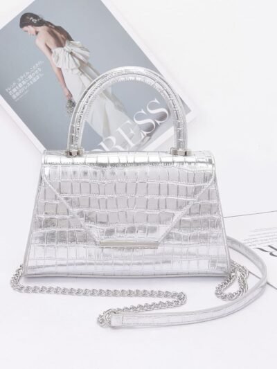 Crocodile Embossed Metallic Leather Top Handle Bag