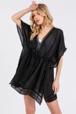 Crochet Trim And Front Drawstring Poncho