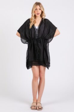 Crochet Trim And Front Drawstring Poncho