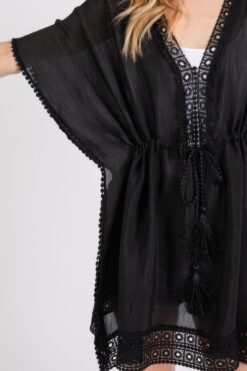 Crochet Trim And Front Drawstring Poncho