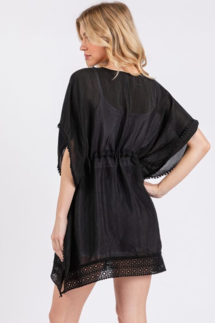 Crochet trim and front drawstring poncho