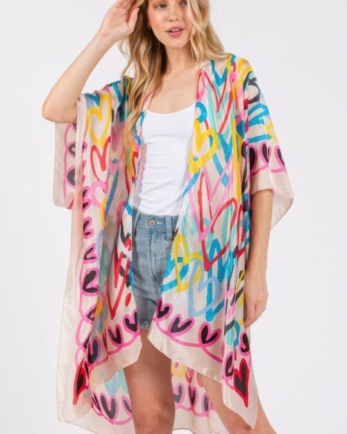 multi colored heart print silky feel kimono