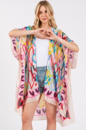 Multi Colored Heart Print Silky Feel Kimono Multi Colored Heart Print Silky Feel Kimono