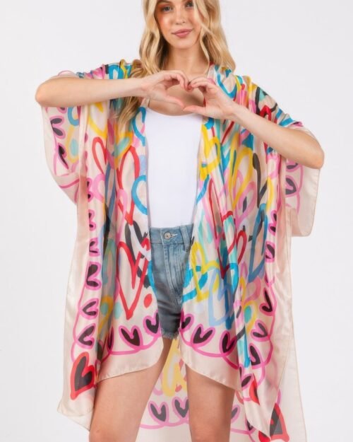 multi colored heart print silky feel kimono