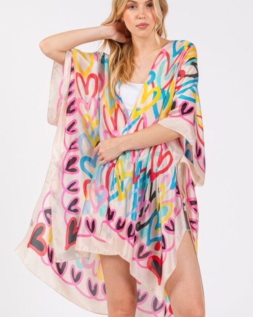multi colored heart print silky feel kimono