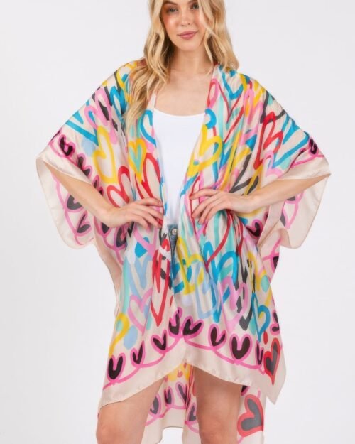 multi colored heart print silky feel kimono