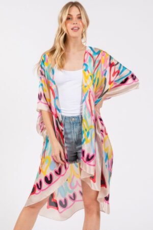 Multi Colored Heart Print Silky Feel Kimono Multi Colored Heart Print Silky Feel Kimono