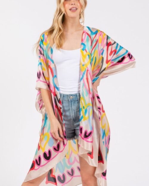 multi colored heart print silky feel kimono
