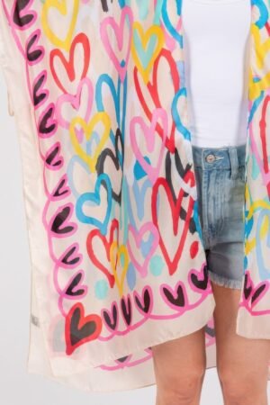 Multi Colored Heart Print Silky Feel Kimono Multi Colored Heart Print Silky Feel Kimono