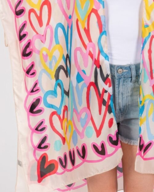 multi colored heart print silky feel kimono