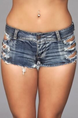 Denim shorts with cut out sides— distressed medium wash mini