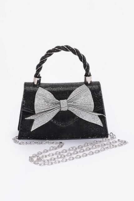 Rhinestone Ribbon Top Handle Flap Bag