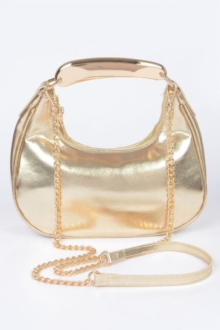 Metallic Faux Leather Metal Top Handle Clutch