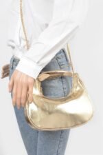 Metallic Faux Leather Metal Top Handle Clutch - Image 2