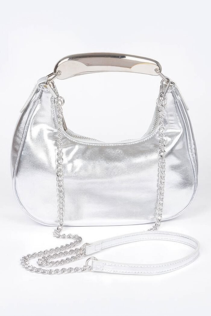 Metallic faux leather metal top handle clutch - image 7