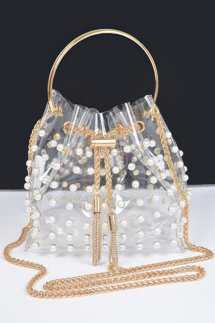 Clear pearl stud bucket bag w/chain tassle - image 1