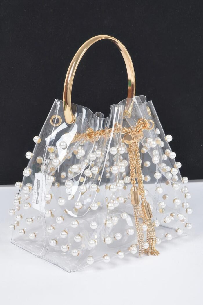Clear pearl stud bucket bag w/chain tassle - image 2
