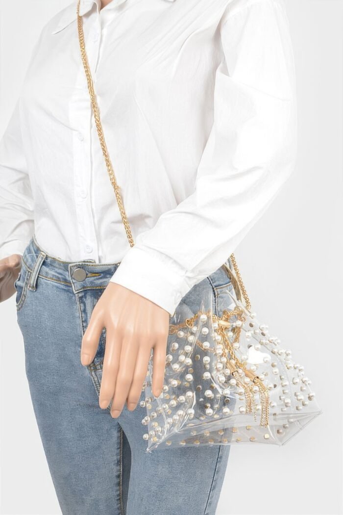 Clear pearl stud bucket bag w/chain tassle - image 3