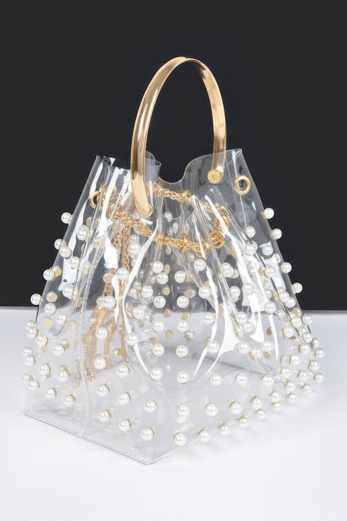 Clear pearl stud bucket bag w/chain tassle - image 4