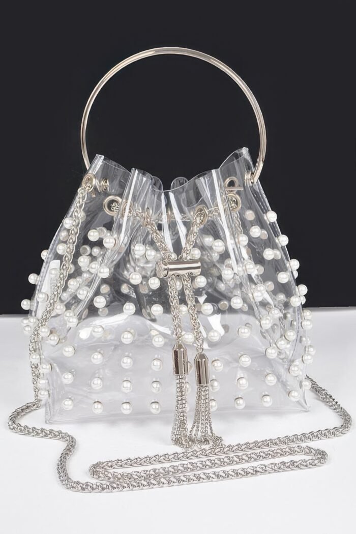 Clear pearl stud bucket bag w/chain tassle - image 5