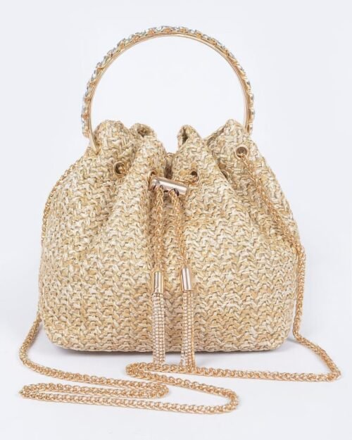 Faux Straw Bucket Bag W/stone Handle