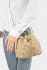 Faux Straw Bucket Bag W/stone Handle - Image 2