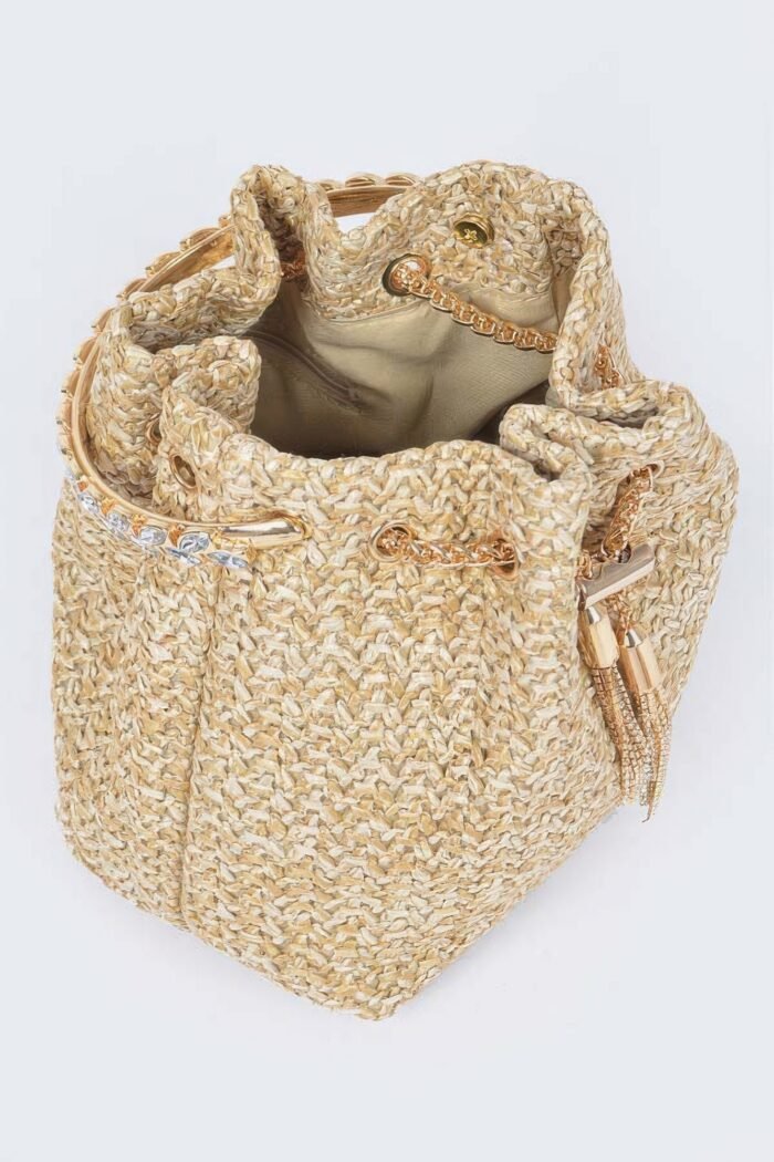 Faux straw bucket bag w/stone handle - image 3
