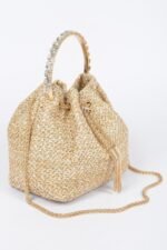 Faux Straw Bucket Bag W/stone Handle - Image 4