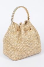 Faux Straw Bucket Bag W/stone Handle - Image 5