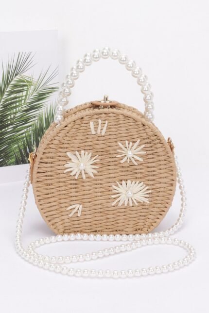 Faux Straw Handmade Clutch W/pearl Handle