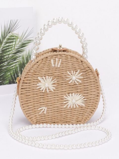 Faux Straw Handmade Clutch W/pearl Handle