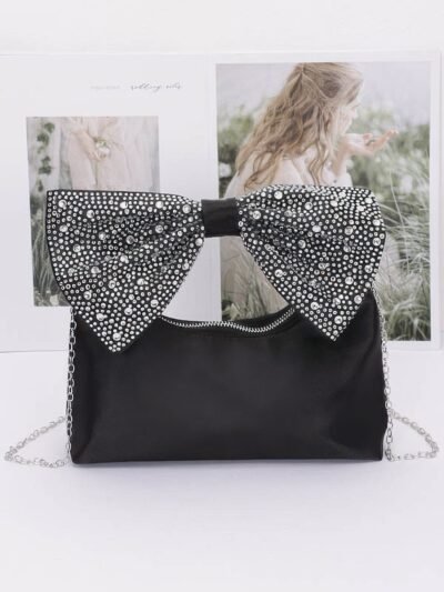 Rhinestone Hotfix Bow Handle Nylon Clutch