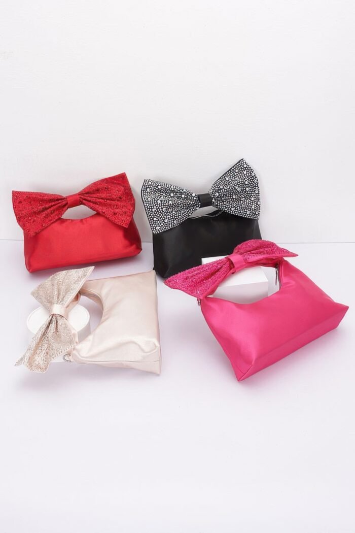 Rhinestone hotfix bow handle nylon clutch